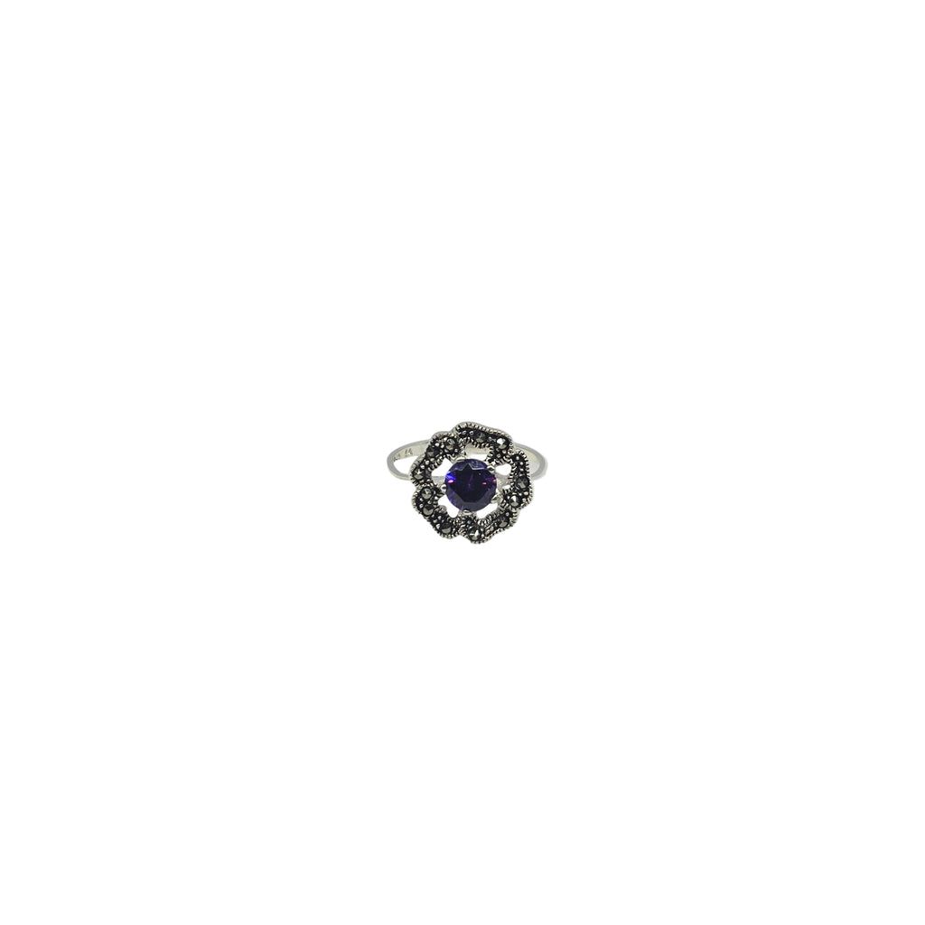 Flower Round Purple Silver Ring