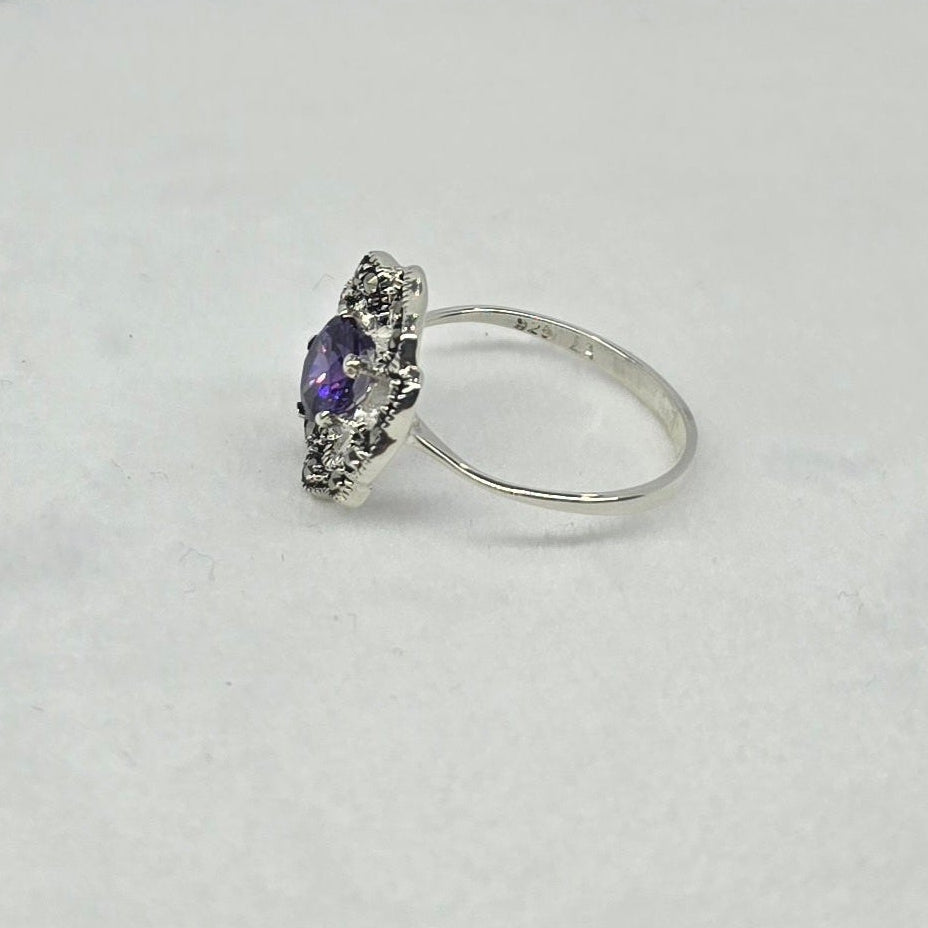 Flower Round Purple Silver Ring
