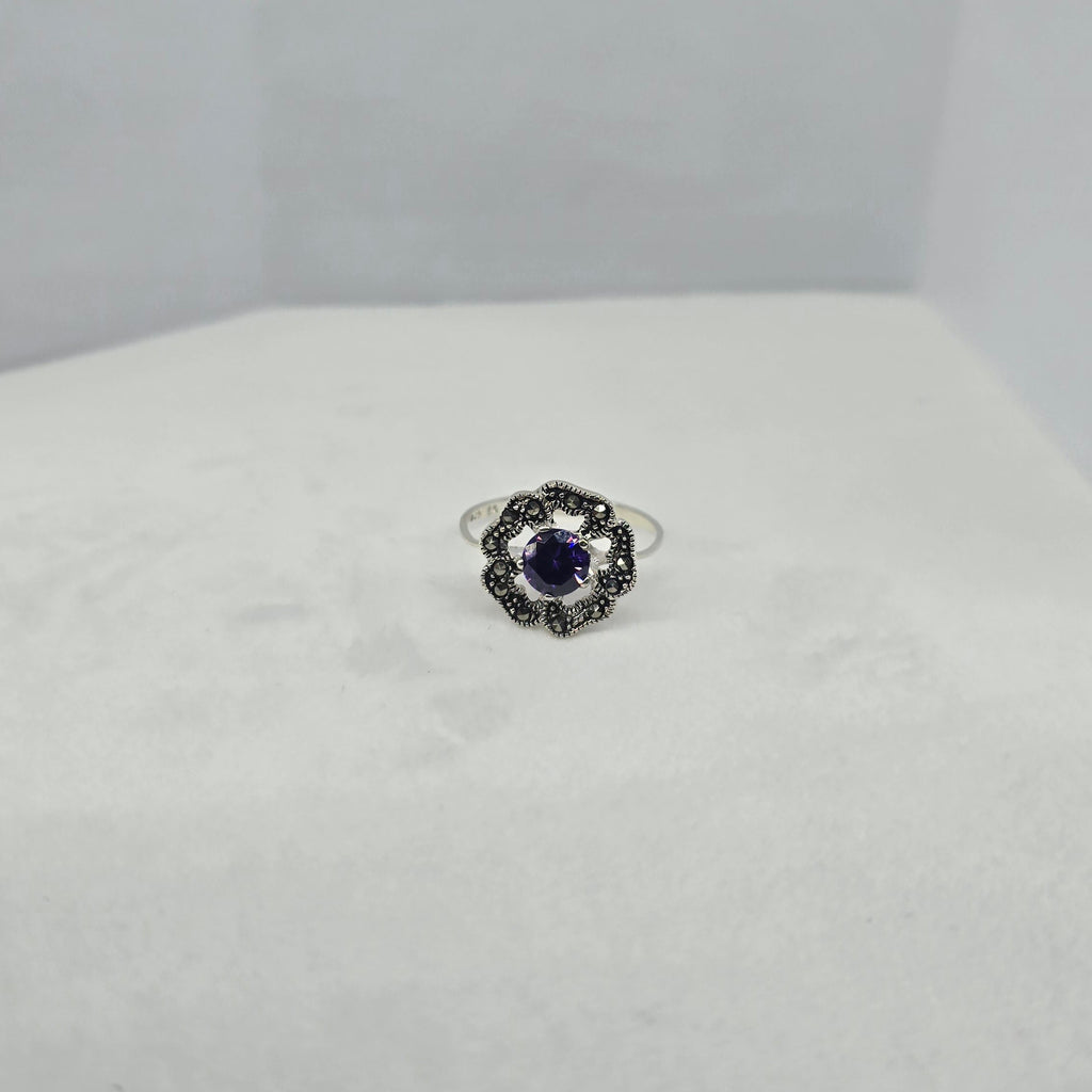 Flower Round Purple Silver Ring