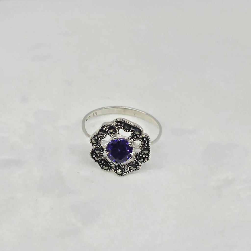 Flower Round Purple Silver Ring