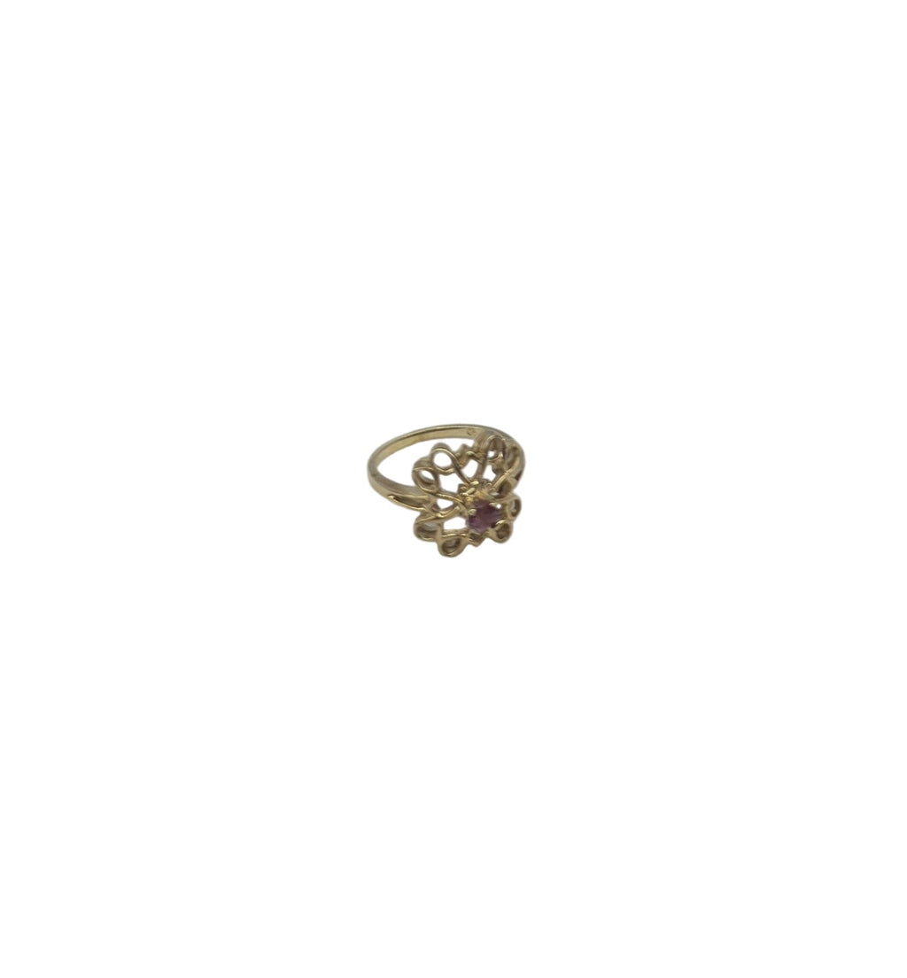 Silver Ring yellow gold plated Flower Pink round stone #11 H