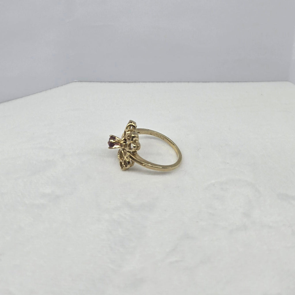 Silver Ring yellow gold plated Flower Pink round stone #11 H
