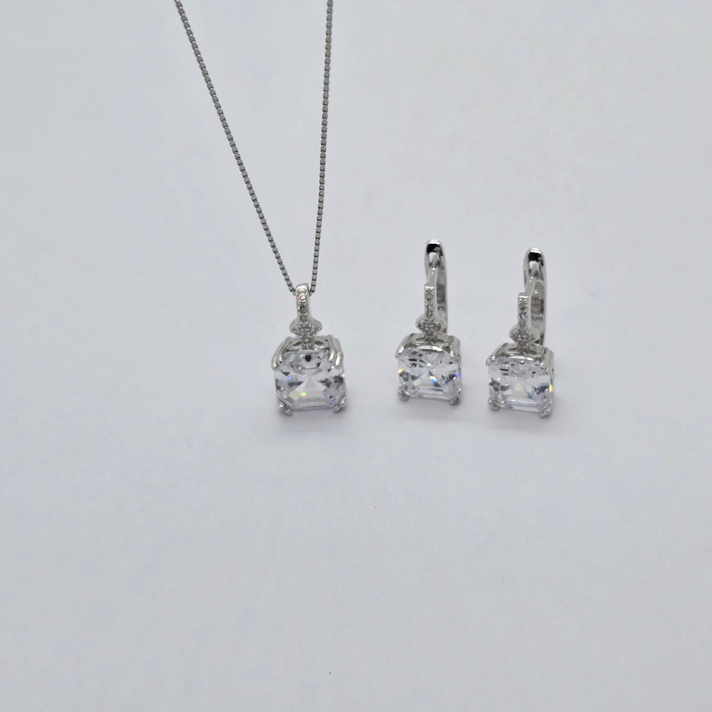 Square Sparkle Box Earrings and Pendant Necklace Jewelry Set