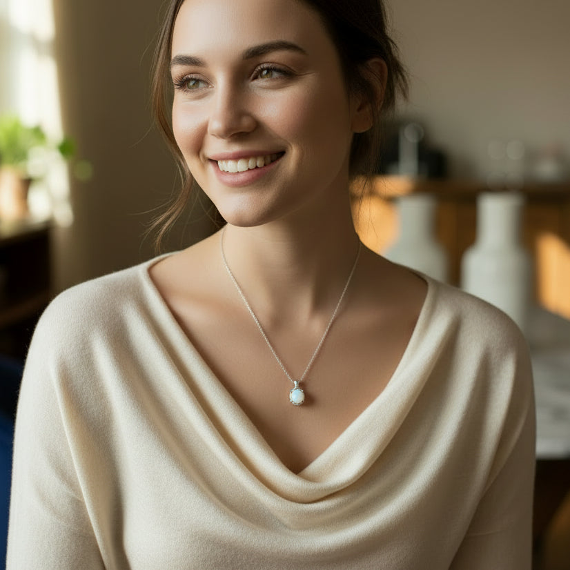 Round Opal Silver Pendant Necklace
