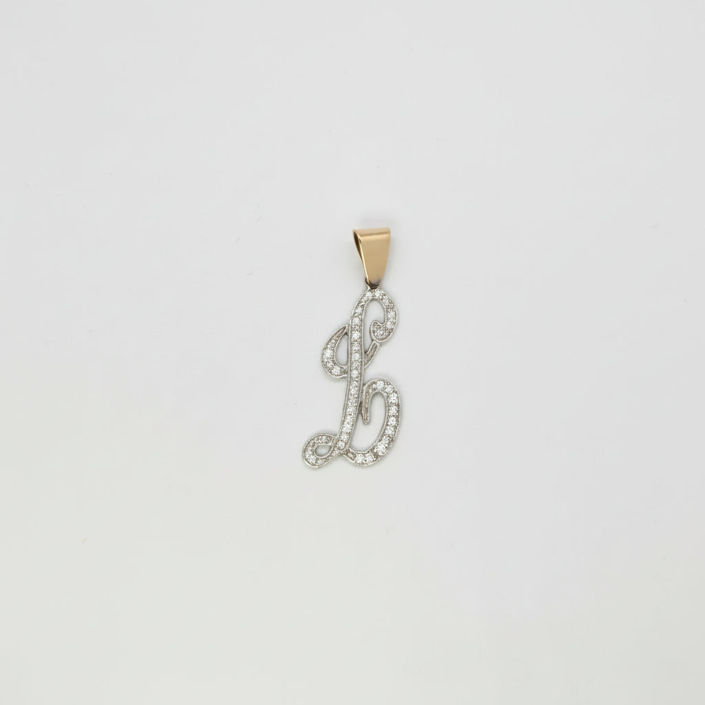 Diamonds Cursive Letter L White and Yellow  14K Gold Pendant