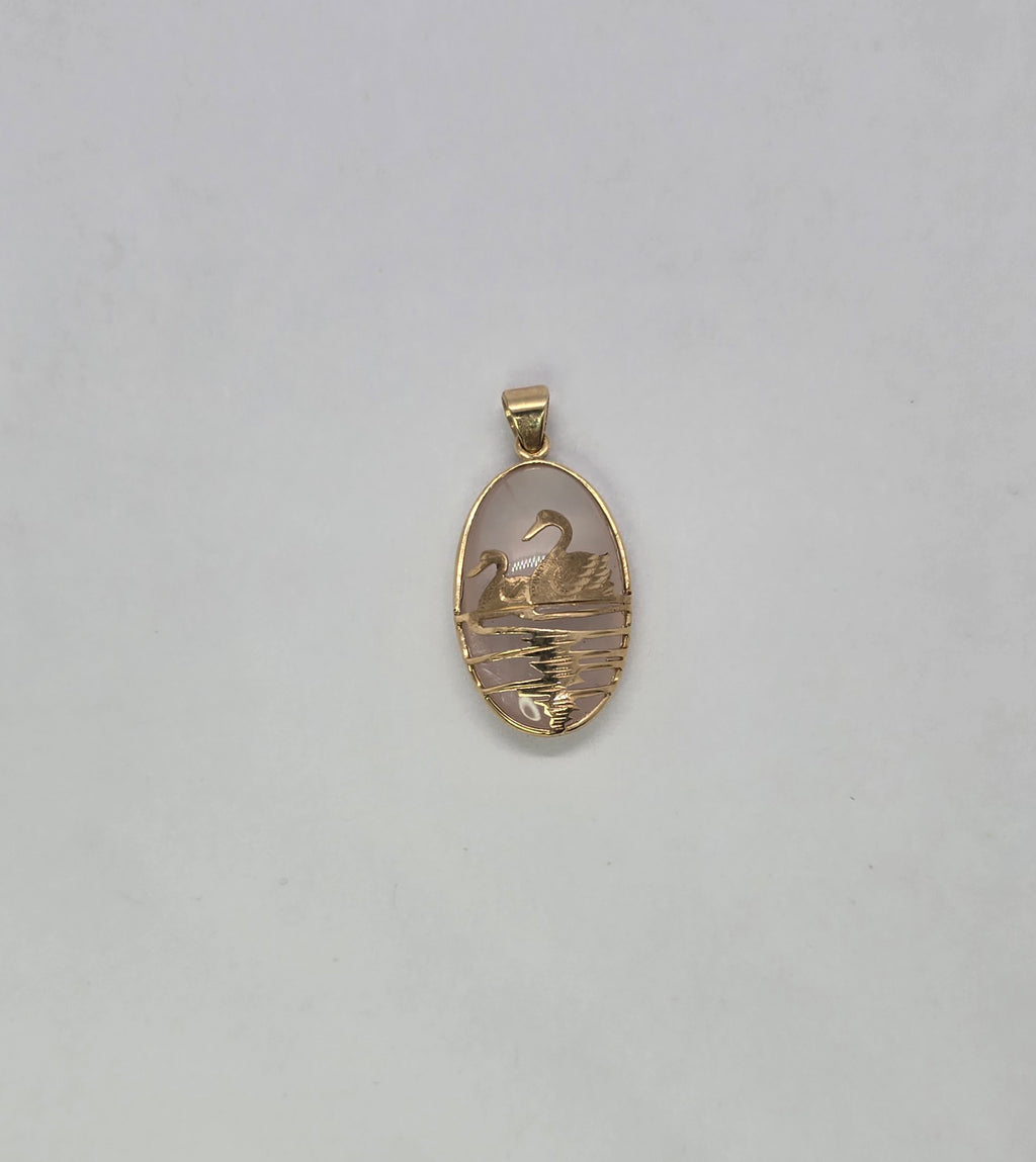 Rose Swan Oval Jade 14K Gold Pendant