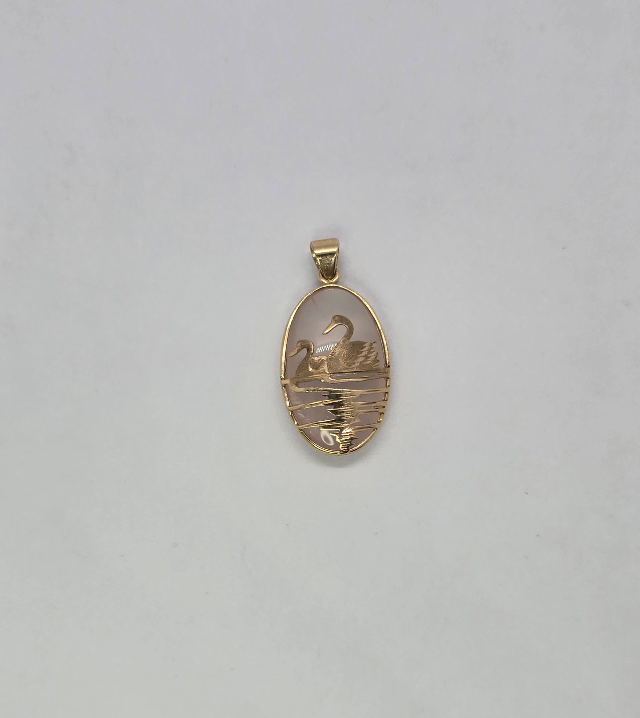 Rose Swan Oval Jade 14K Gold Pendant