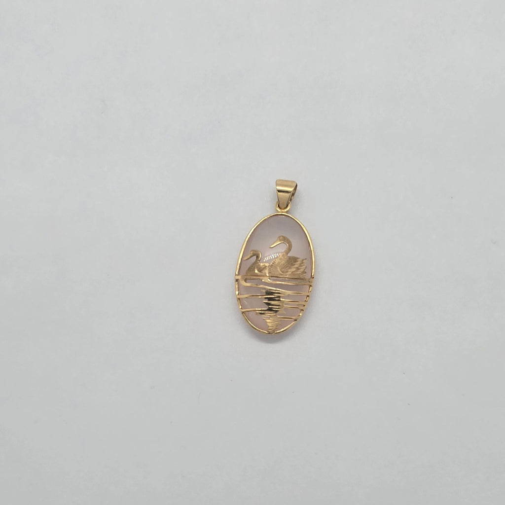 Rose Swan Oval Jade 14K Gold Pendant