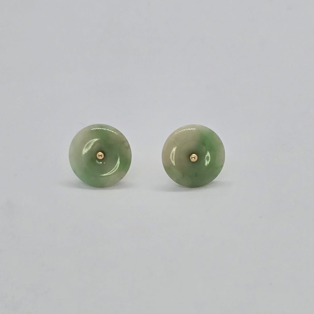 Green Tone Round Small Natural Jade 14K Gold Earrings