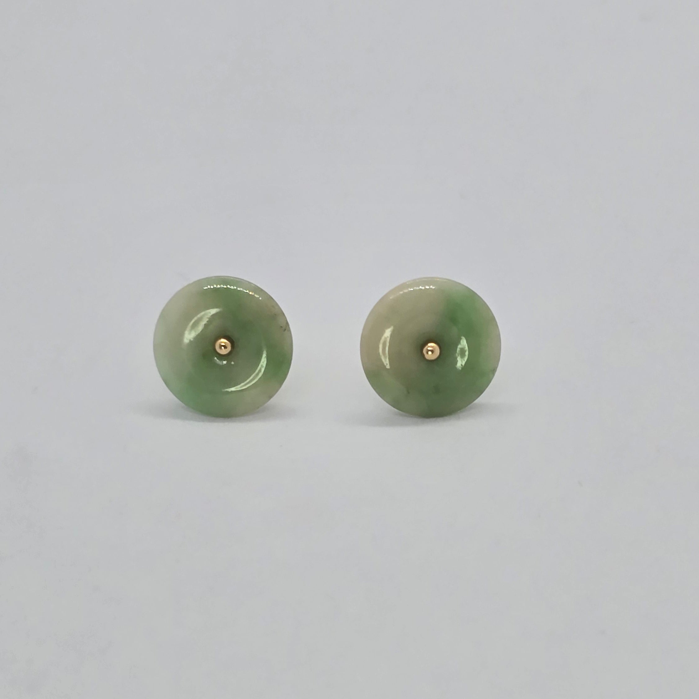 Green Tone Round Small Natural Jade 14K Gold Earrings