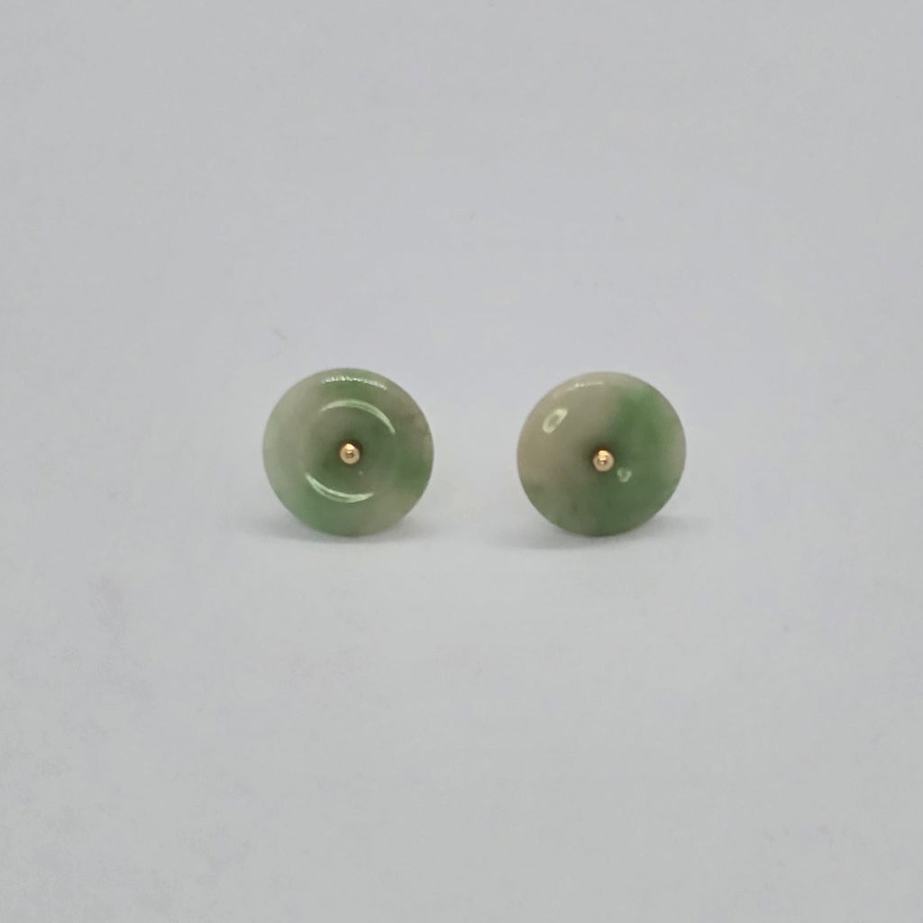 Green Tone Round Small Natural Jade 14K Gold Earrings