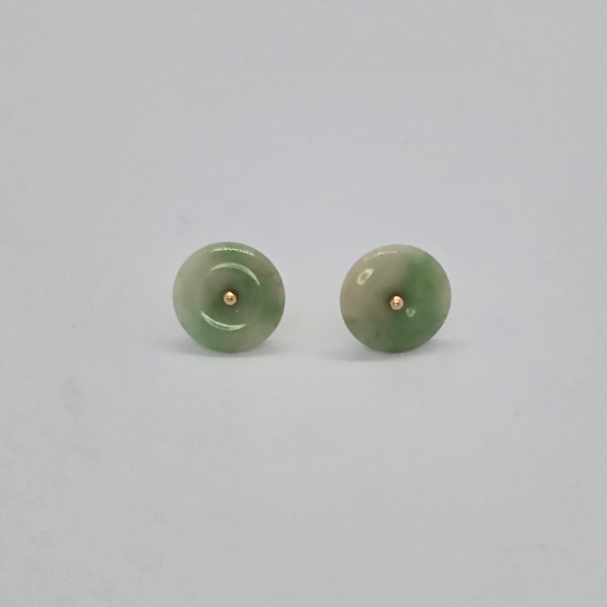 Green Tone Round Small Natural Jade 14K Gold Earrings