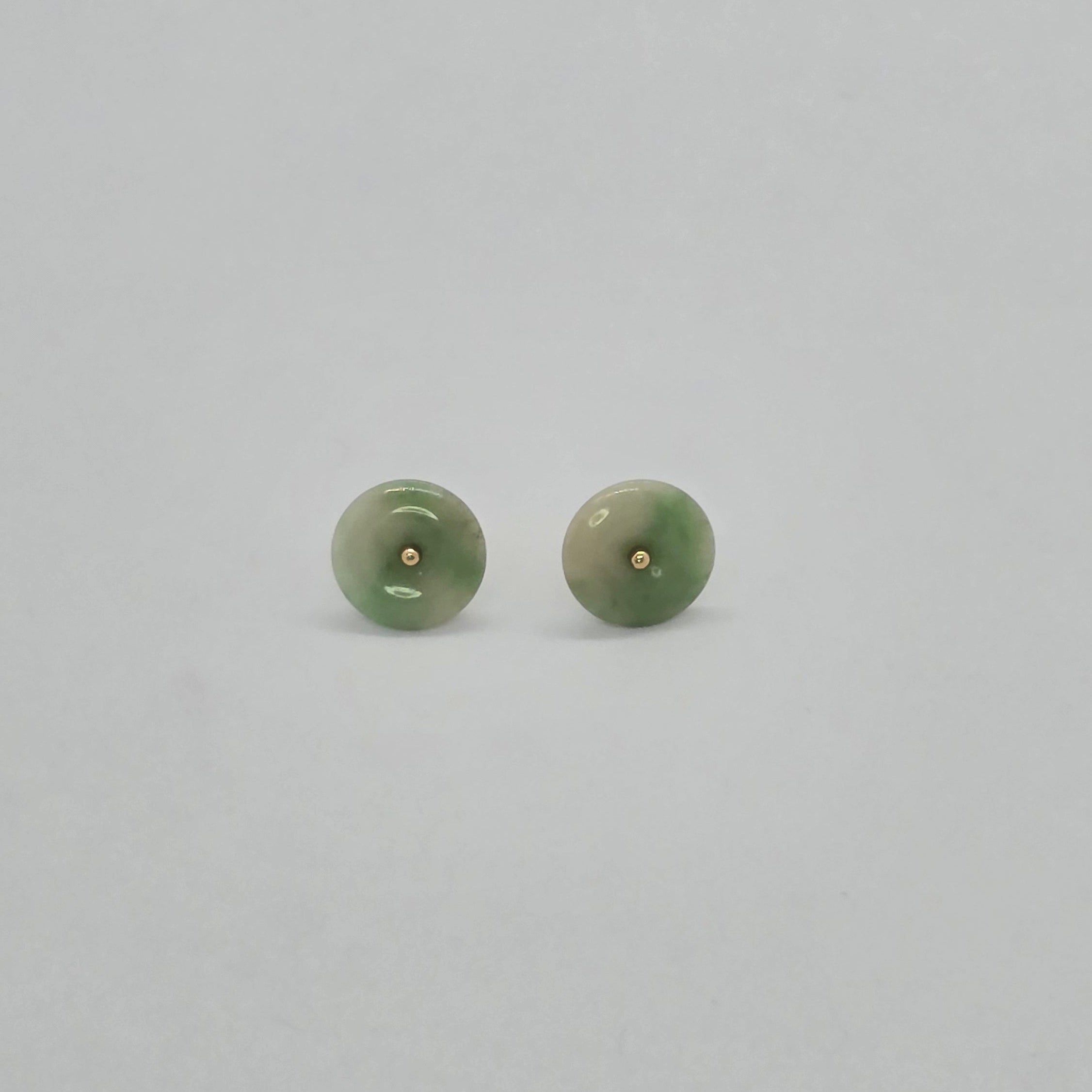 Green Tone Round Small Natural Jade 14K Gold Earrings