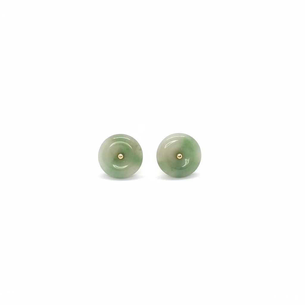 Green Tone Round Small Natural Jade 14K Gold Earrings