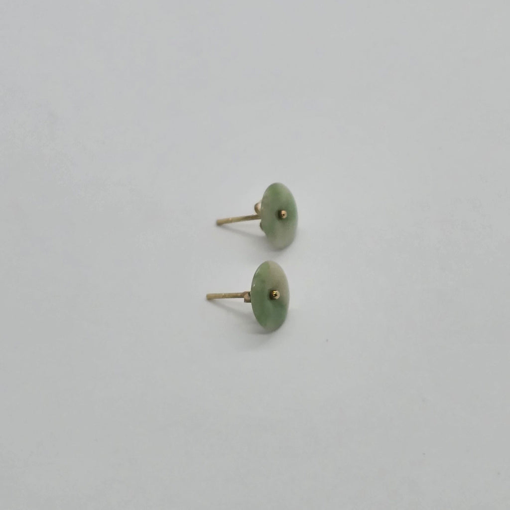 Green Tone Round Small Natural Jade 14K Gold Earrings
