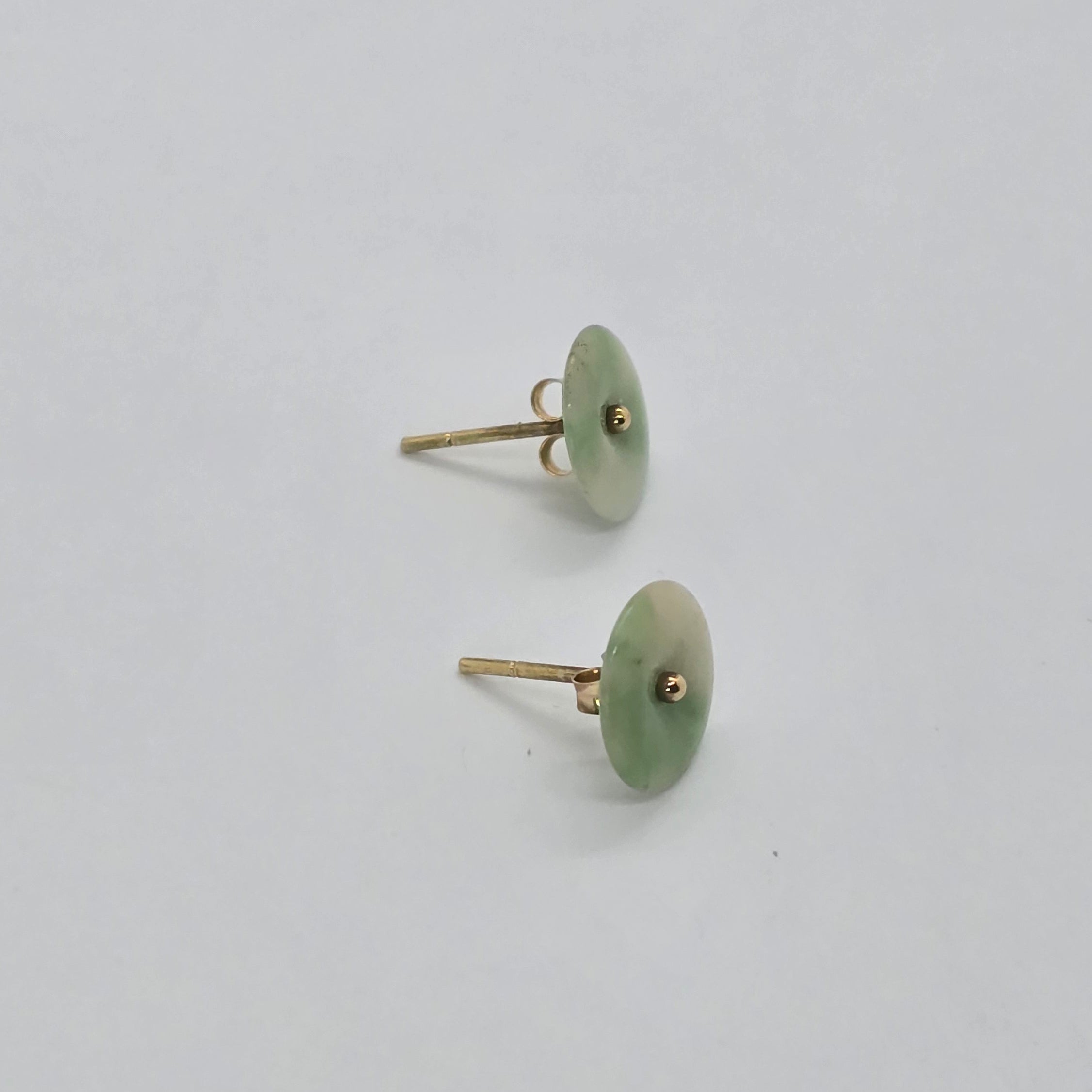 Green Tone Round Small Natural Jade 14K Gold Earrings