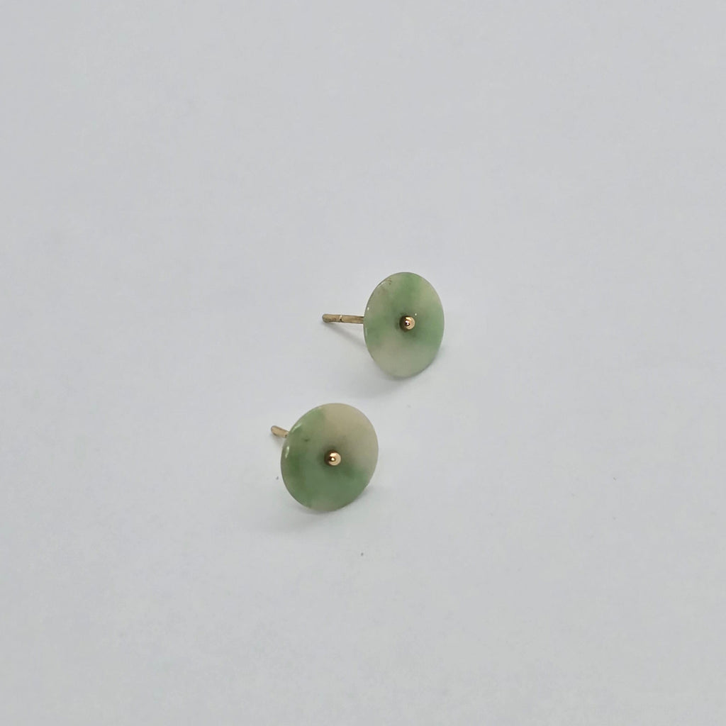 Green Tone Round Small Natural Jade 14K Gold Earrings