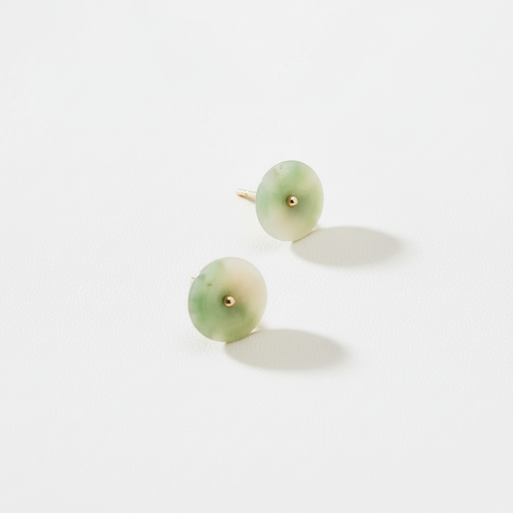 Green Tone Round Small Natural Jade 14K Gold Earrings