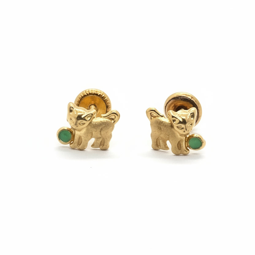 Kitten Green Stone 18K Gold Earrings