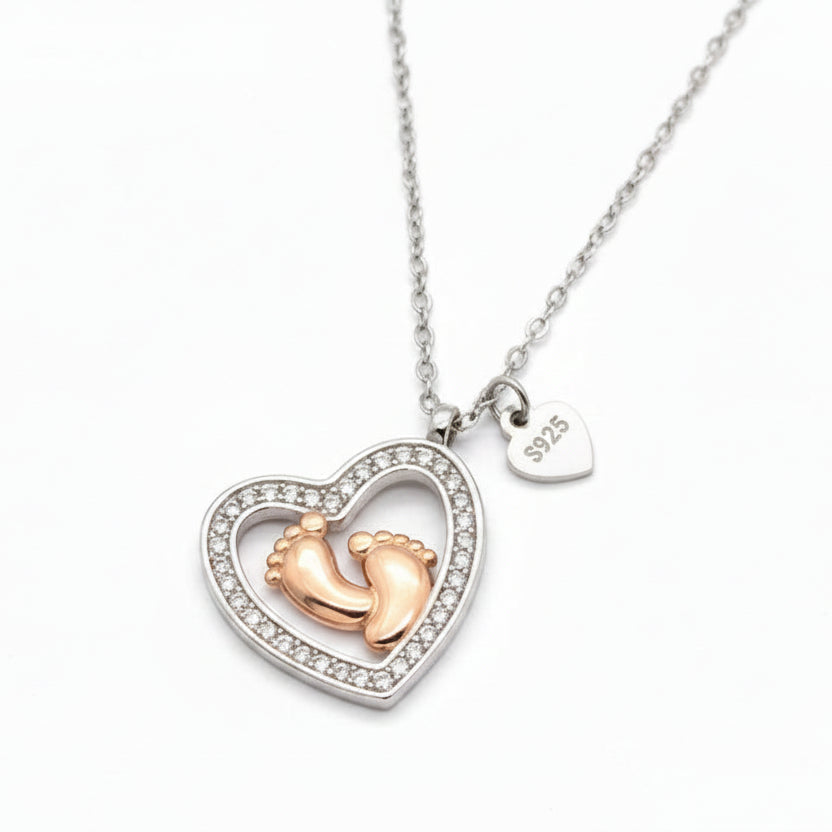 New Mom Baby Feet Silver Pendant Necklace