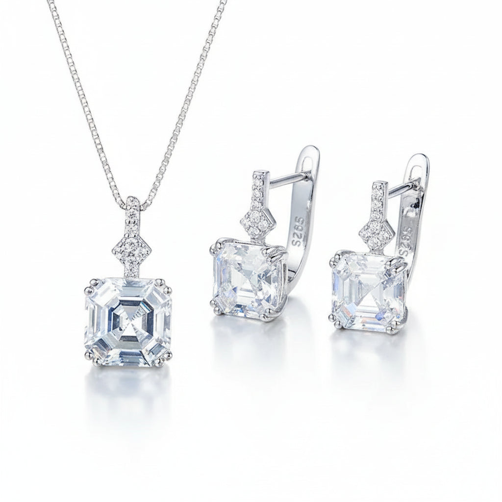 Square Sparkle Box Earrings and Pendant Necklace Jewelry Set