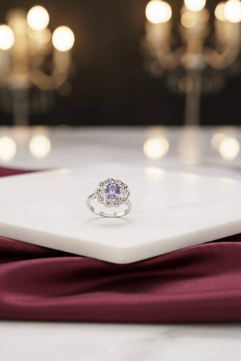 Flower Round Purple Silver Ring