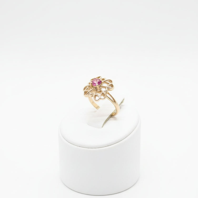 Silver Ring yellow gold plated Flower Pink round stone #11 H