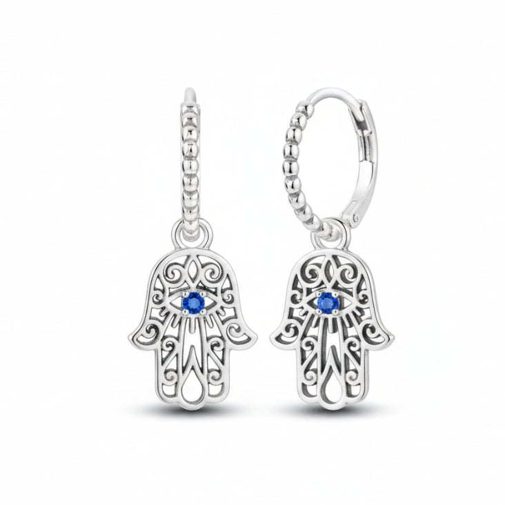 Hamsa Hand Evil Eye Silver Earrings