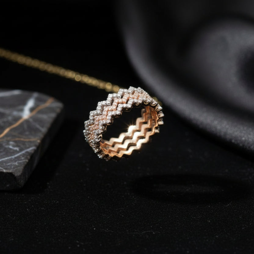 Three Tone Rose White and Gold Cubic Zirconia Silver Ring